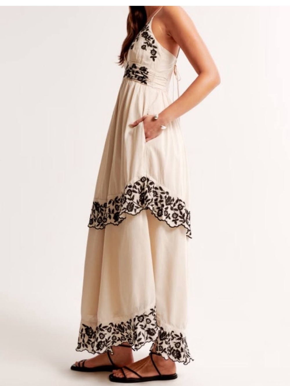 Abercrombie & Fitch Embroidered Cotton Maxi Dress White Black Halter Boho XL P - Picture 14 of 14